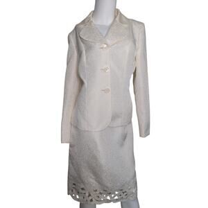 VTG Le Suit Cream Skirt Suit Set 8 Laser Cut Hem Blazer Formal Career Church MOB